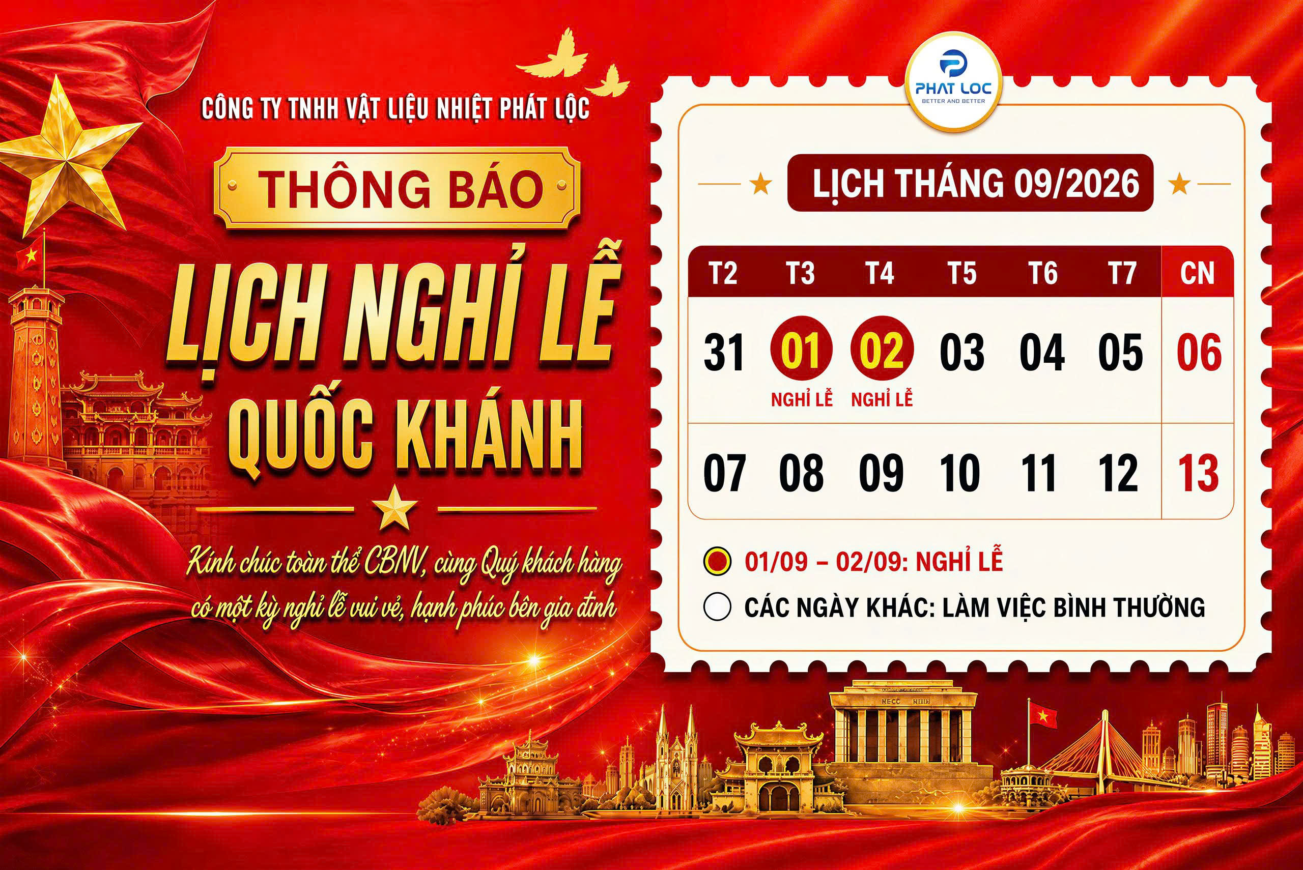 Phát Lộc thông báo lịch nghỉ Lễ Quốc Khánh 02/09/2026
